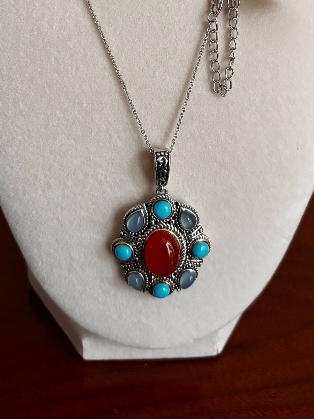 Turquoise & genuine carnelian chalcedony Silver Pendant Necklace
